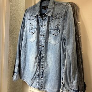 Lucky Brand Light Blue Embroidered Denim Western Shirt